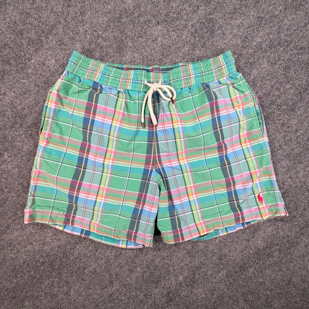 Polo Ralph Lauren Mens Madras Plaid Swim Trunks Green Pink Medium 0821